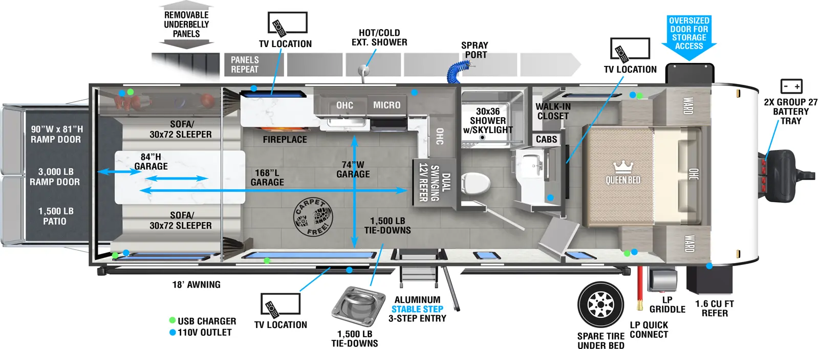 The 270RTK has zero slideouts and one entry. Exterior features removeable underbelly panels, optional solar extended 200W solar package, spray port, hot/cold exterior shower, spare tire winch system, storage, 18 foot awning, outside TV, aluminum stable step 3-step entry, LP quick connect, LP griddle, refrigerator, front 2X group 27 battery tray, and rear ramp door. Interior layout front to back: carpet-free RV; queen bed with overhead cabinet, wardrobes on each side, TV on wall at foot of bed, and walk-in closet; off-door side full bathroom with cabinet, and skylight in shower; door side entry; dual swinging 12V along inner wall with kitchen counter wrapping to off-door side with cooktop, sink, microwave and overhead cabinet, fireplace and TV; rear opposing sofa/sleepers with table. Garage dimensions: 84 inches garage height; 168 inches from ramp door to refrigerator, 72 inches from door side wall to kitchen counter; 1,500 lb. tie-downs; 3,000 lb 90 inch x 75 inch rear ramp door with 1,500 lb. patio capacity.